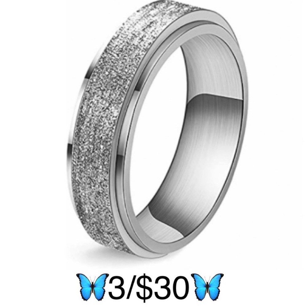 Stainless Steel Fidget Spinner Ring, Glittery Silver Tone Frosted Sand Finish, 7